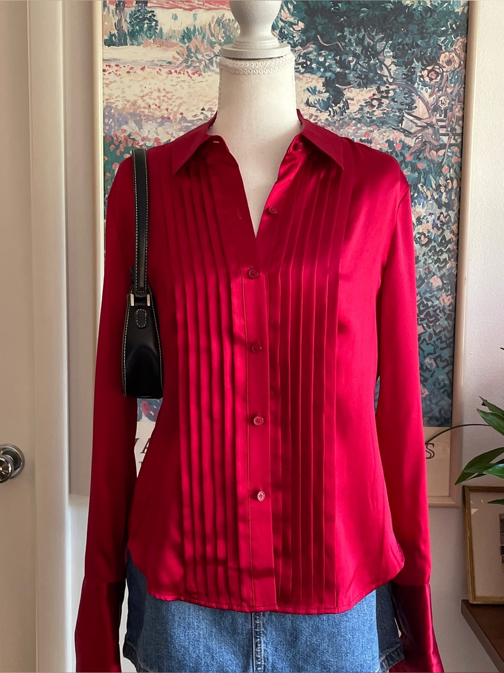 Petite Sophisticate Silk Blouse Womens Medium Red Pleated Preppy Office Luxury